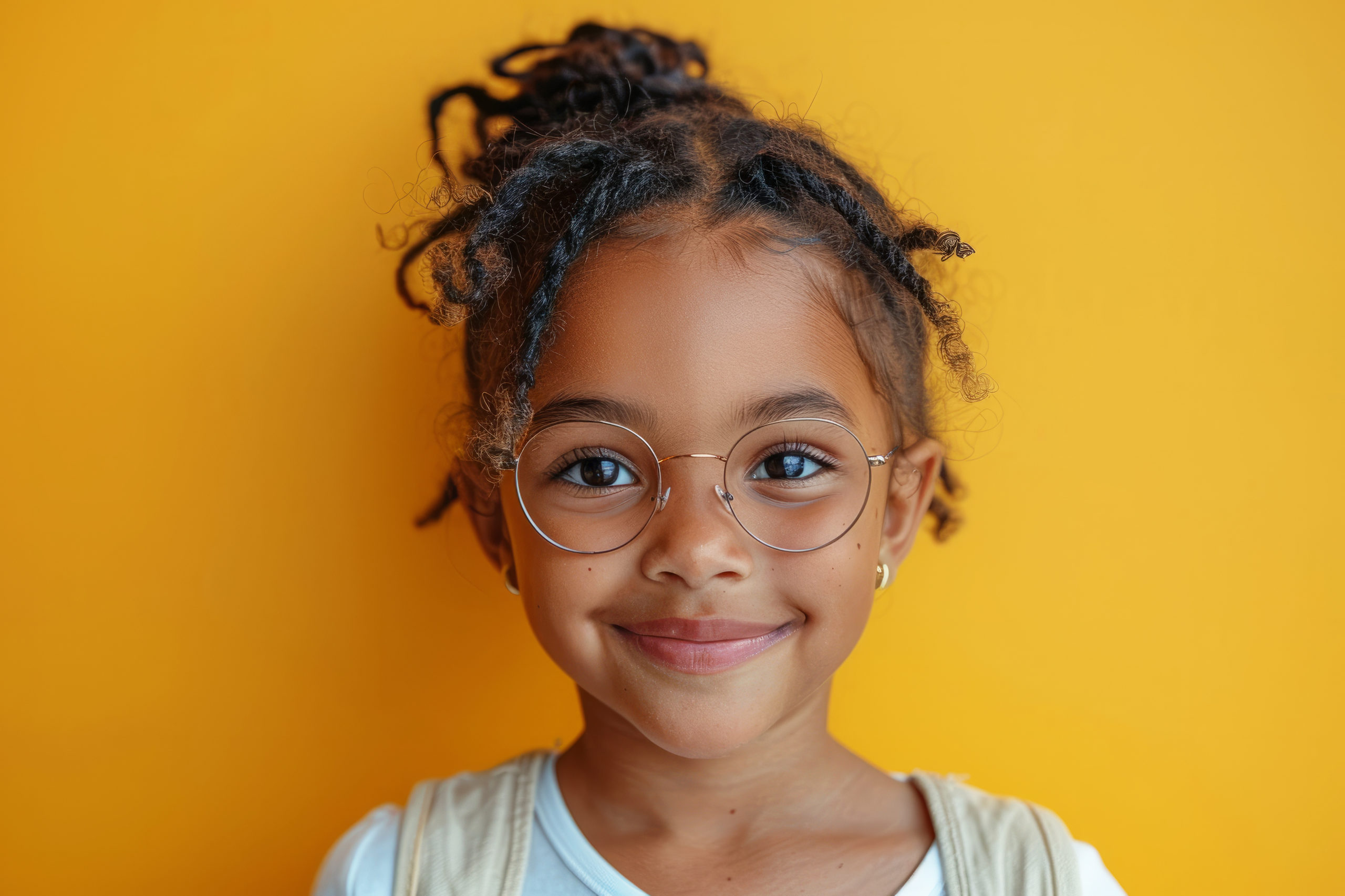 A young baby girl with glasses is pointing to something. she is happy. black little girl 10 years old pupil points with her finger to the side on yellow background, hand pointing empty place